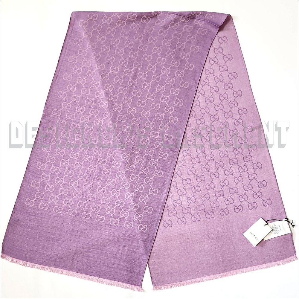 GUCCI Amethyst lilac & pink GGNAT wool & silk 18"x70" shawl Pashmina scarf NWT - Picture 7 of 9
